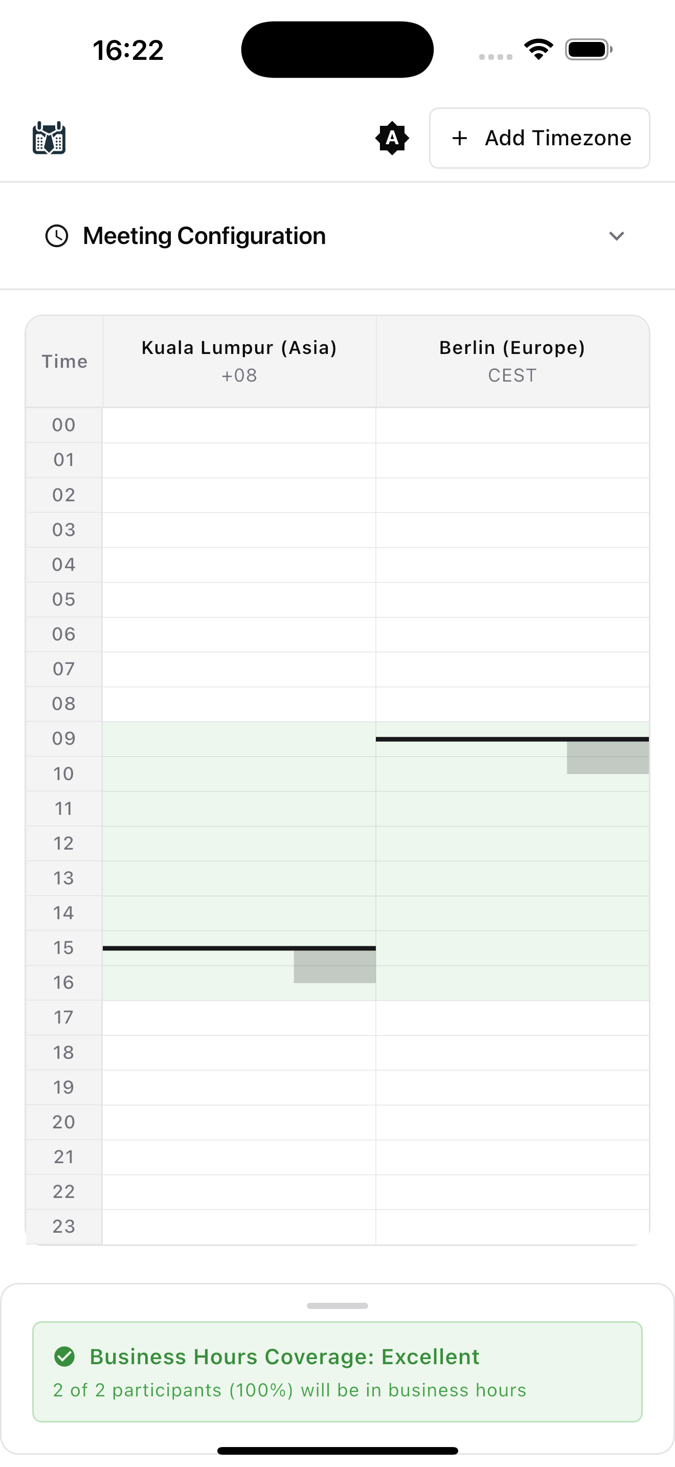 TimeTie app interface showing global team scheduling